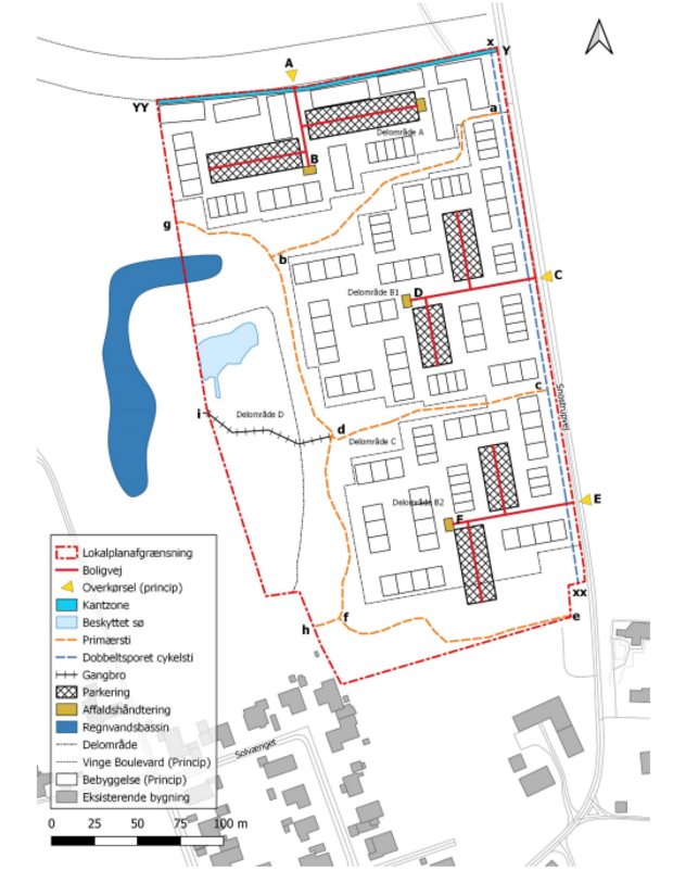 Kort over Bakkekvarteret med angivelse af vejene. Grafik: Frederikssund Kommune.