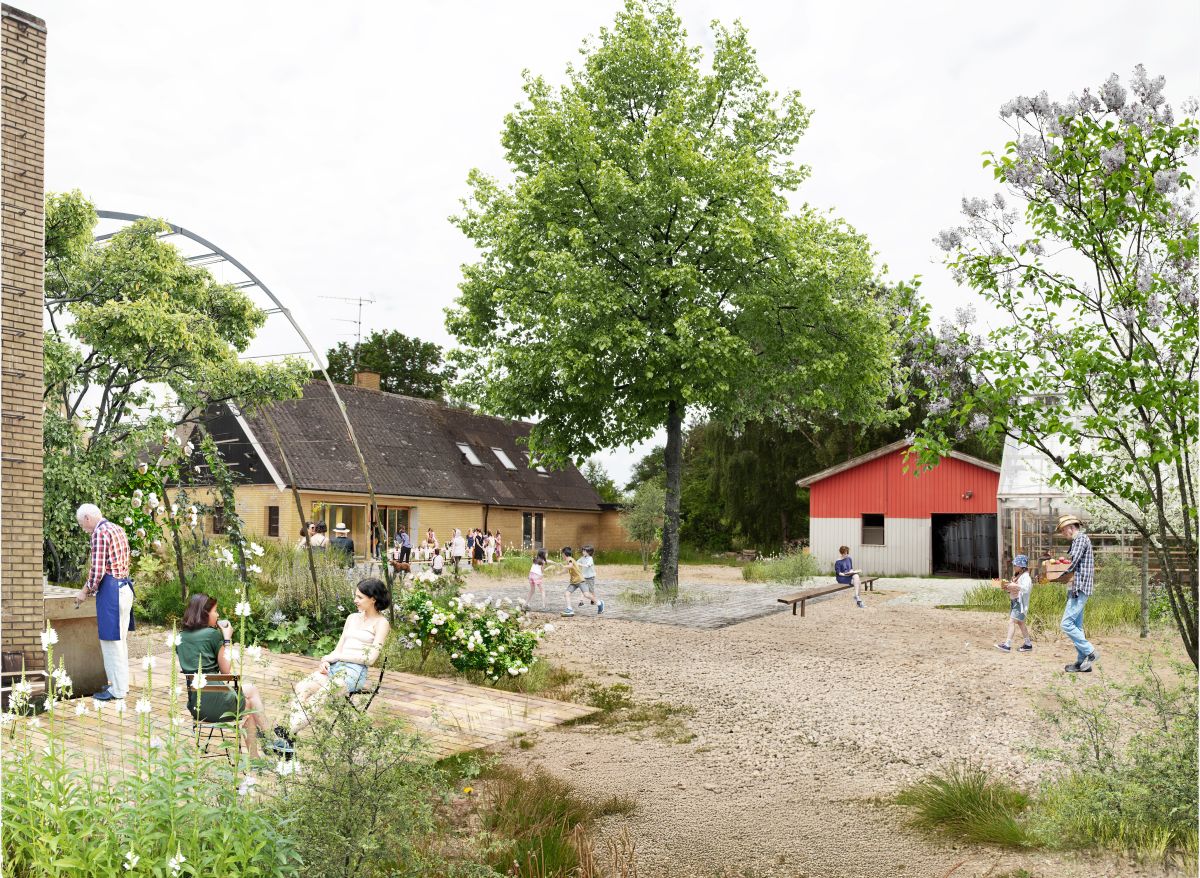 Illustration af Solvænget 29, områdets samlingssted med fokus på fællesskabende aktiviteter, genanvendelse og transformation af eksisterende bygninger og rum.