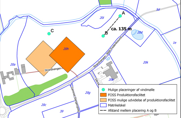 Kortet viser de mulige placeringer: A, B og C. Et flertal i Byrådet besluttede placering A.