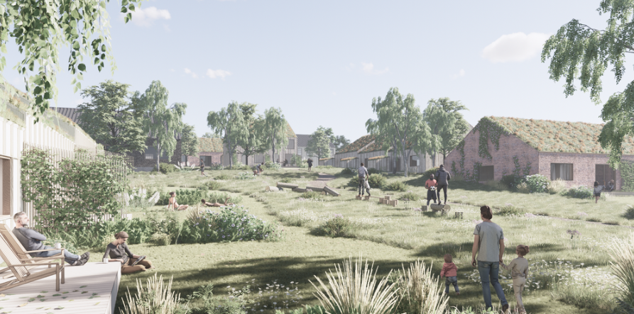 Huse i en åben bebyggelse med grønne korridorer. Visualisering: Adept.