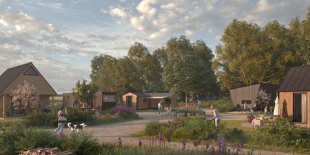 Visualisering af et boligområde med tinyhouses.