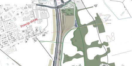 Skitse over placering af et muligt DSB-værksted i Vinge. Skitse: Frederikssund Kommune.