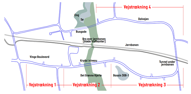 Kort med oversigt over de fire delstrækninger på Vinge Boulevard. Kort: Frederikssund Kommune. Fotos: Frederikssund Kommune.